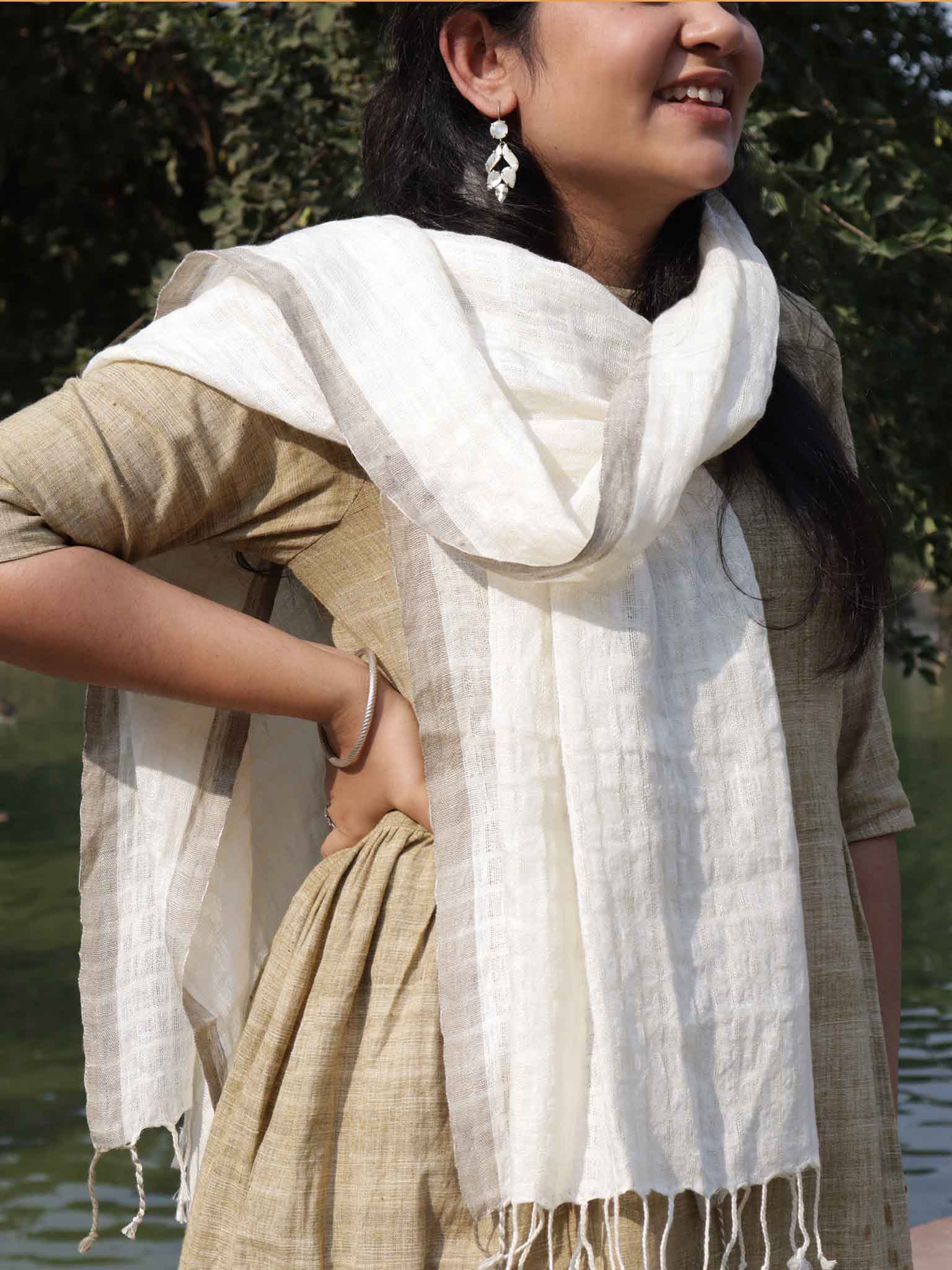 Silk Linen Stole | Undyed with Grey Border