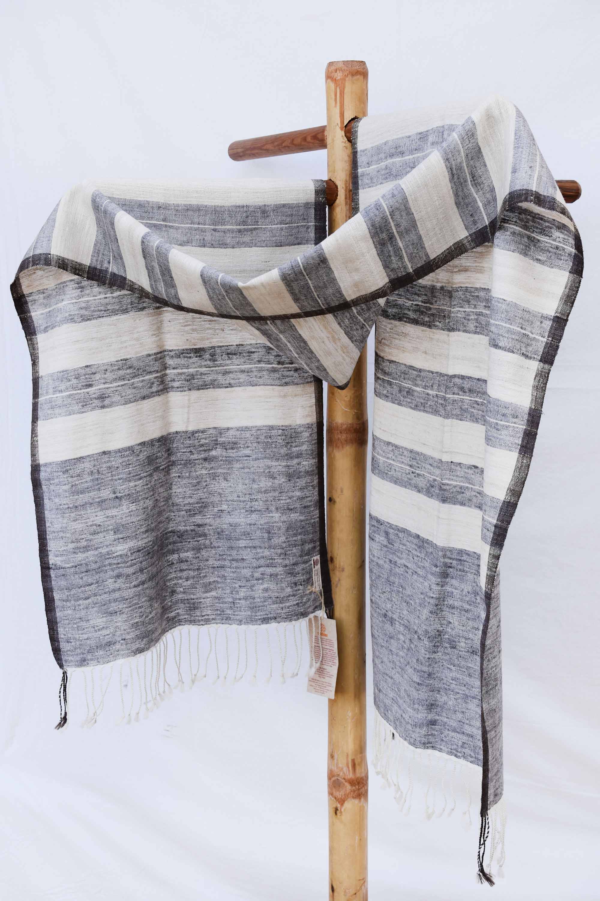 Crossroads Eri Silk & Merino Wool Stole | Grey and White Stripes